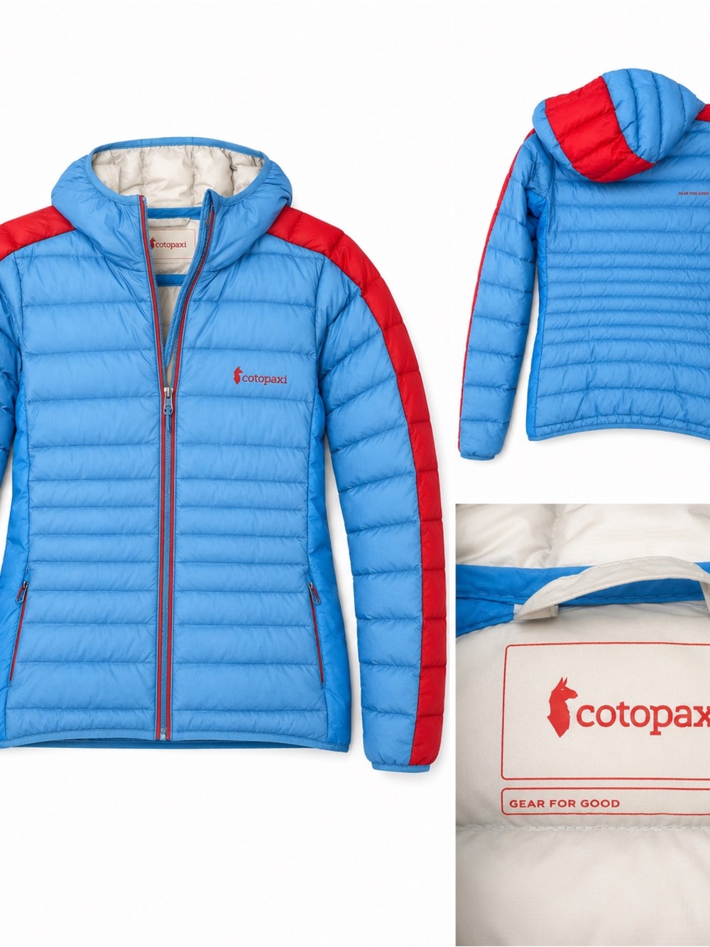 cotopaxi Light Blue and Red Women's Hooded Puffer Jacket